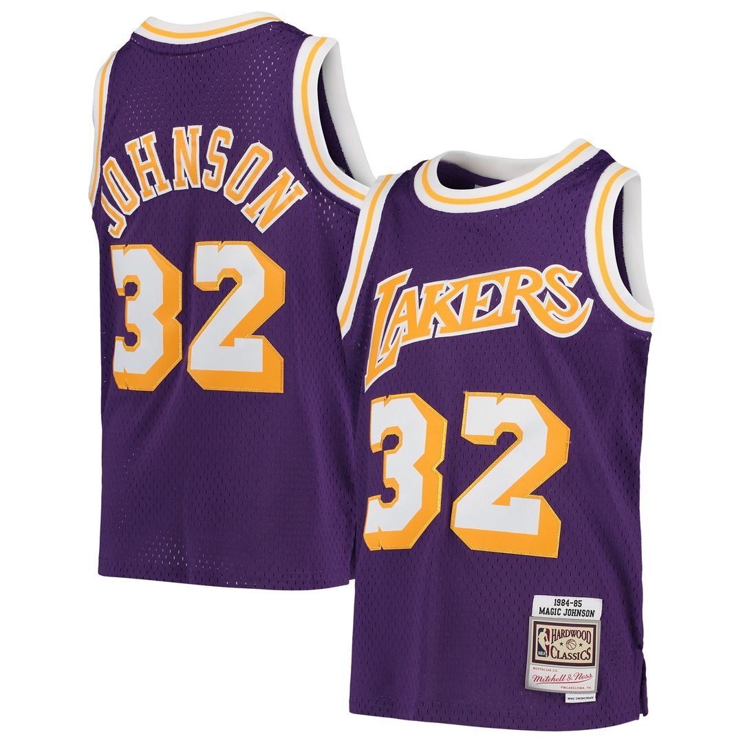 Los Angeles Lakers Magic Johnson Mitchell & Ness Youth 1984 - 85 Hardwood Classics Swingman Throwback Jersey - Purple Team Jersey Sports Fan Apparel