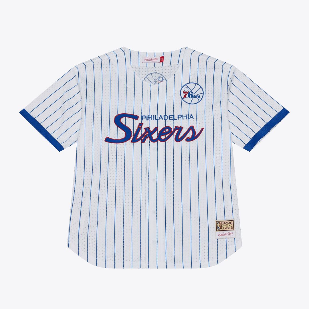 Philadelphia 76ers Mitchell & Ness Head Coach Pinstripe Mesh Full - Button Baseball Jersey - White Team Jersey Sports Fan Apparel