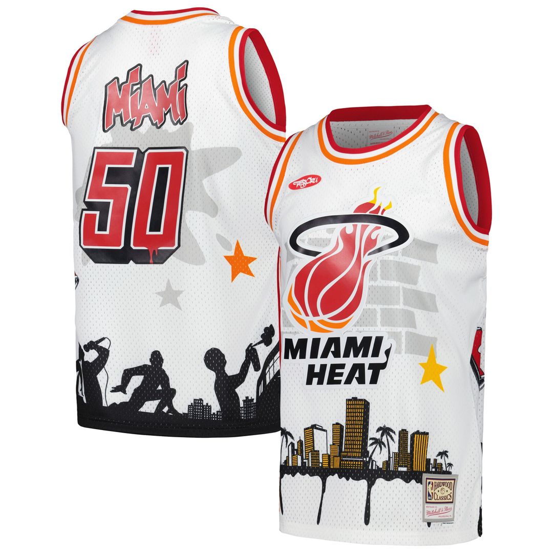 Miami Heat Mitchell & Ness x Tats Cru Hardwood Classics Fashion Jersey - White Team Jersey Sports Fan Apparel