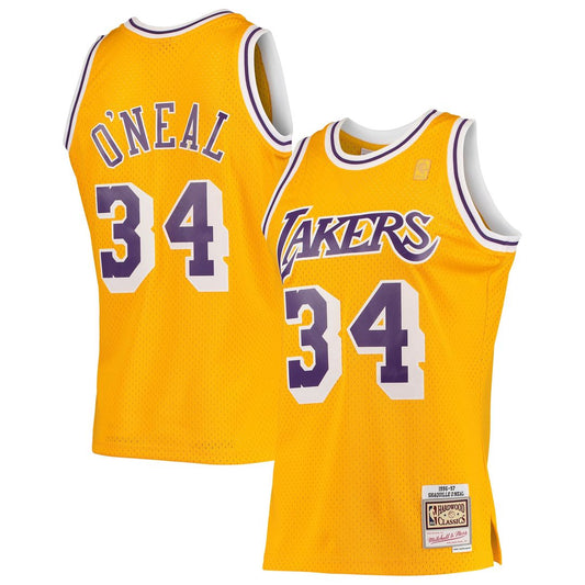 Los Angeles Lakers Shaquille O'Neal Mitchell & Ness 1996/97 Hardwood Classics Swingman Jersey - Gold Team Jersey Sports Fan Apparel