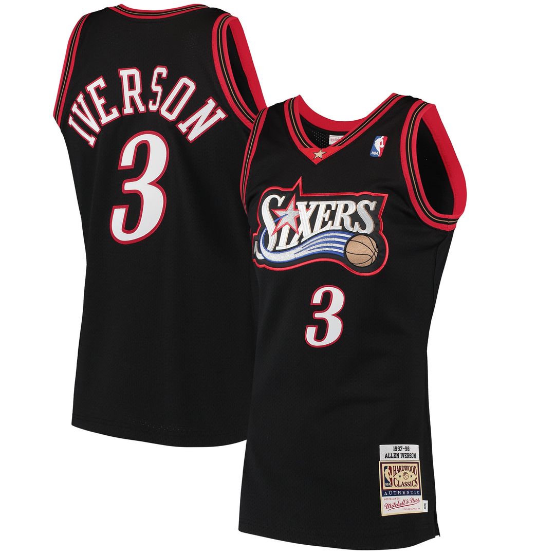 Philadelphia 76ers Allen Iverson Mitchell & Ness 1997/98 Hardwood Classics Authentic Jersey - Black Team Jersey Sports Fan Apparel