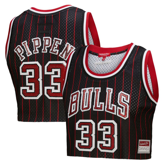 Chicago Bulls Scottie Pippen Mitchell & Ness x DANNIJO Women's Fashion Cropped Basketball Jersey - Black Team Jersey Sports Fan Apparel