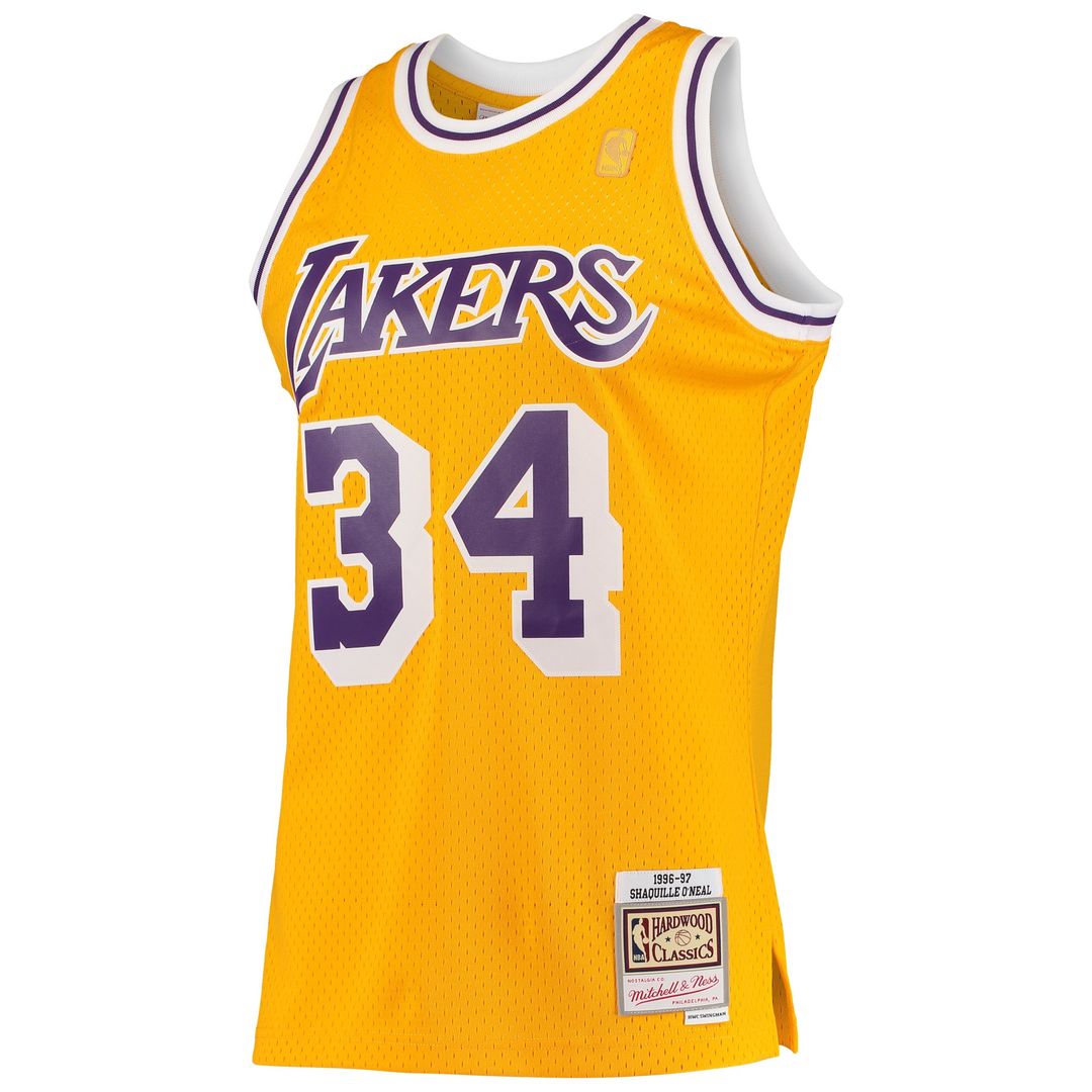 Los Angeles Lakers Shaquille O'Neal Mitchell & Ness 1996/97 Hardwood Classics Swingman Jersey - Gold Team Jersey Sports Fan Apparel