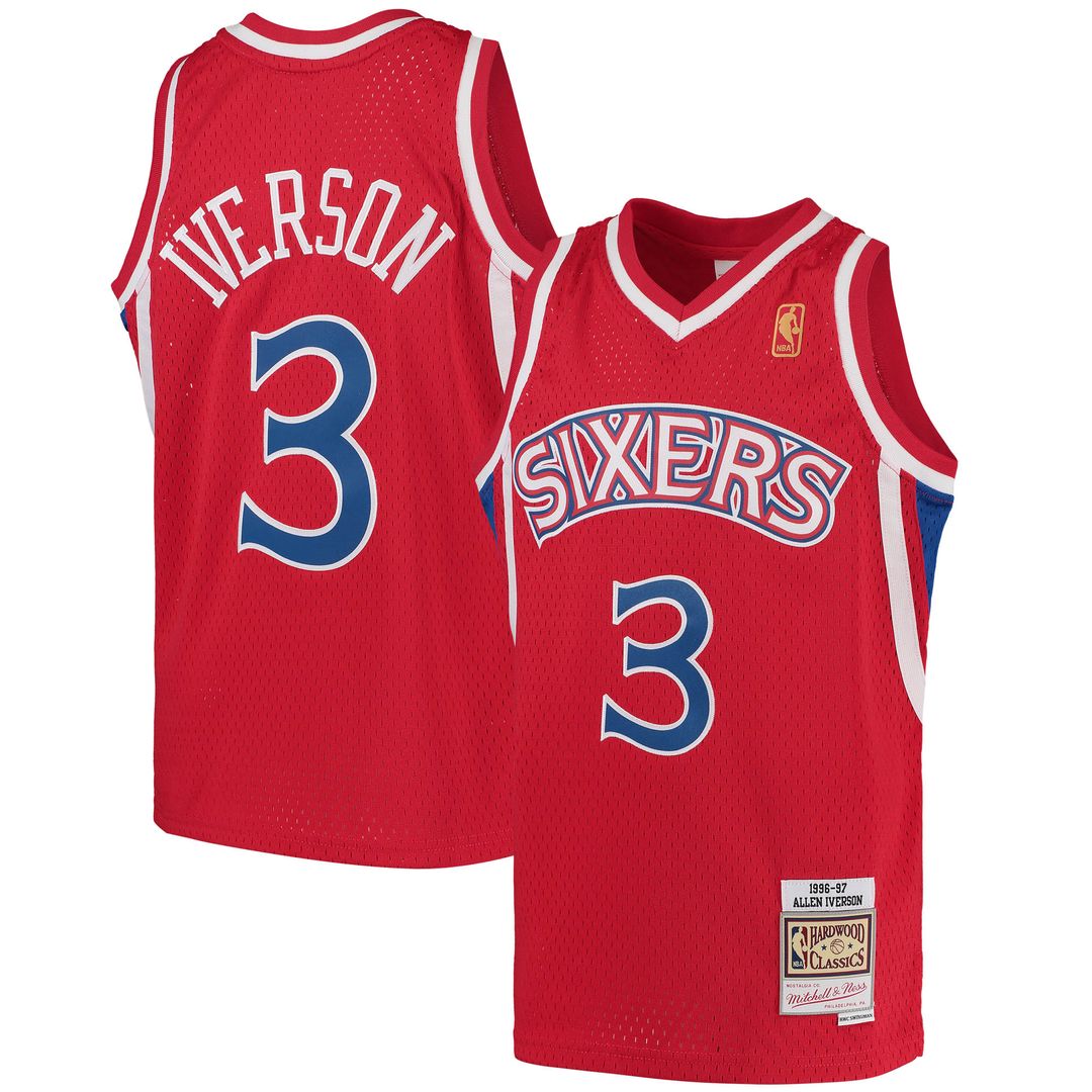Philadelphia 76ers Allen Iverson Mitchell & Ness Youth 1996/97 Hardwood Classics Swingman Throwback Jersey - Red Team Jersey Sports Fan Apparel