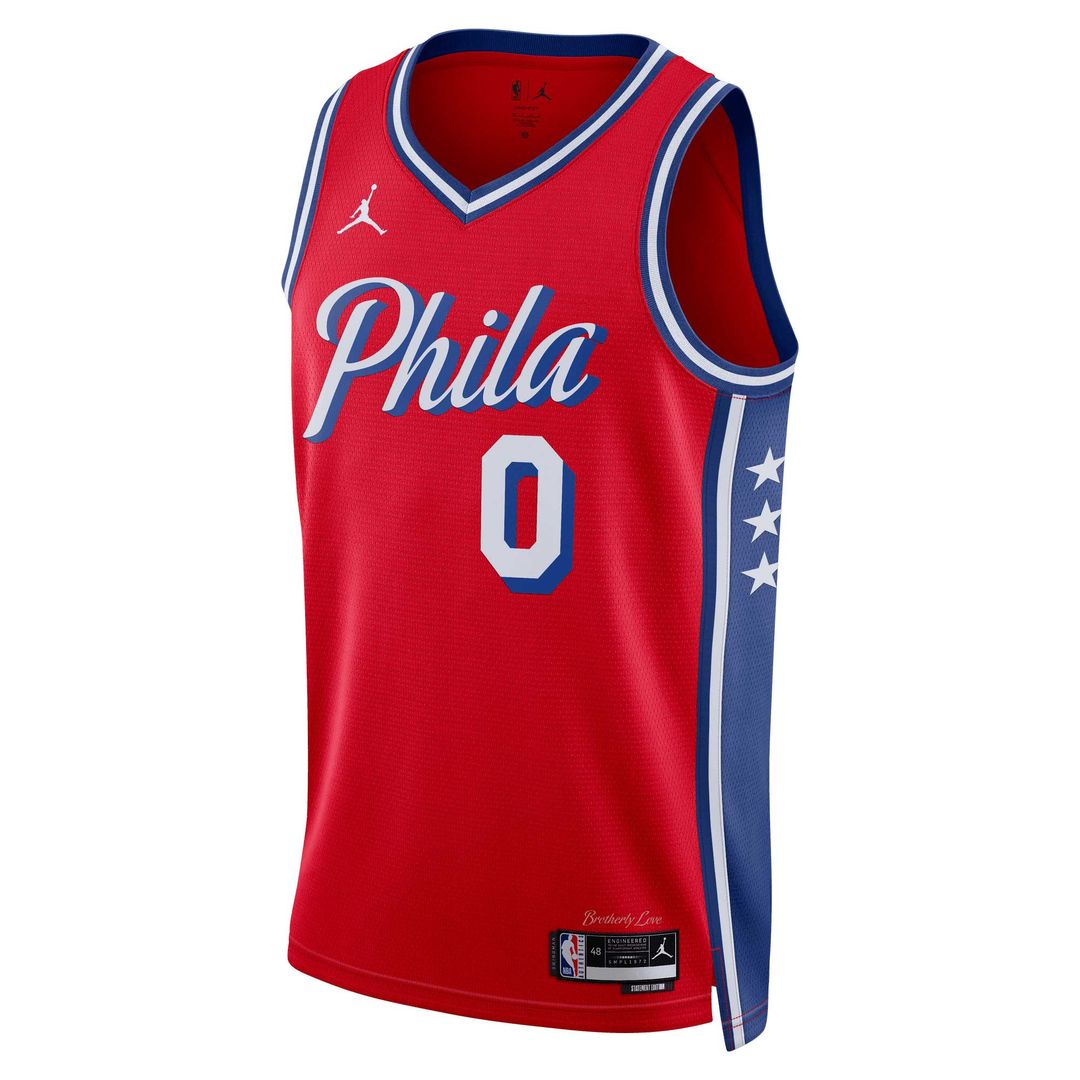 Philadelphia 76ers Tyrese Maxey Jordan Brand Unisex Swingman Jersey - Statement Edition - Red Team Jersey Sports Fan Apparel