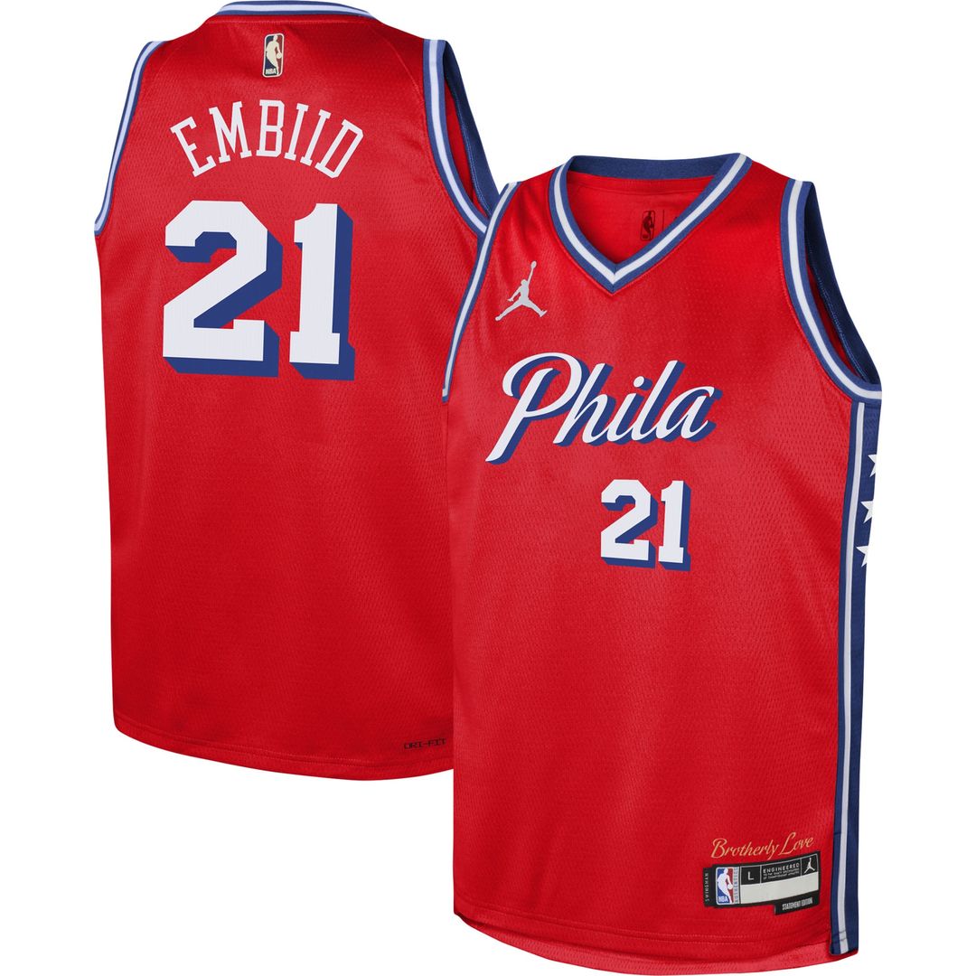 Philadelphia 76ers Joel Embiid Jordan Brand Youth Swingman Jersey - Statement Edition - Red Team Jersey Sports Fan Apparel