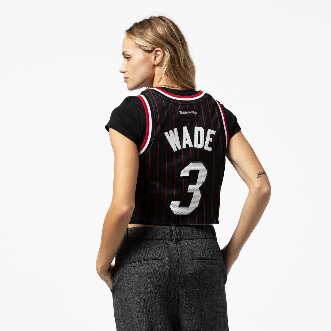 Miami Heat Dwyane Wade Mitchell & Ness x DANNIJO Women's Fashion Cropped Basketball Jersey - Black Team Jersey Sports Fan Apparel