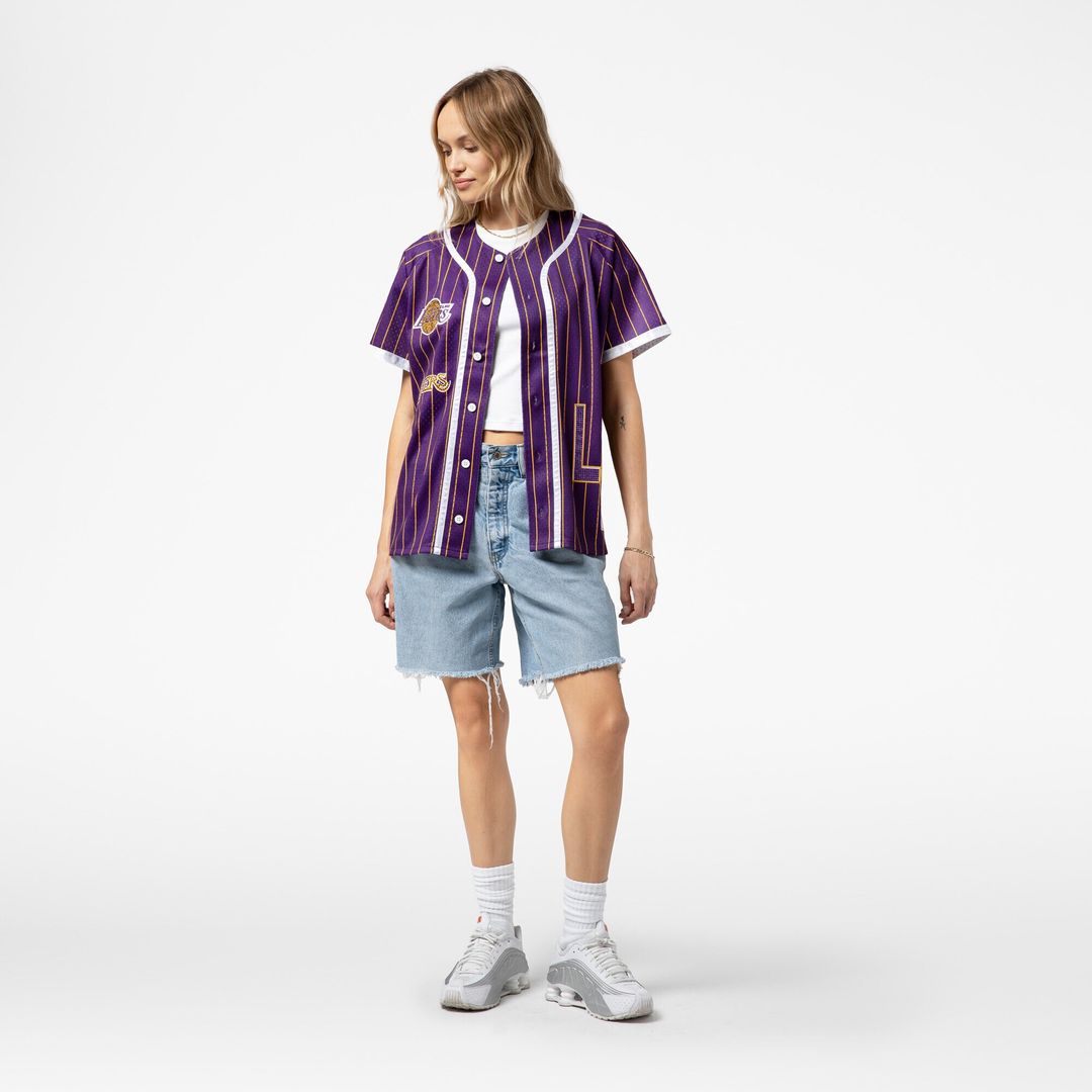 Los Angeles Lakers Mitchell & Ness x DANNIJO Women's Fashion Baseball Jersey - Purple Team Jersey Sports Fan Apparel
