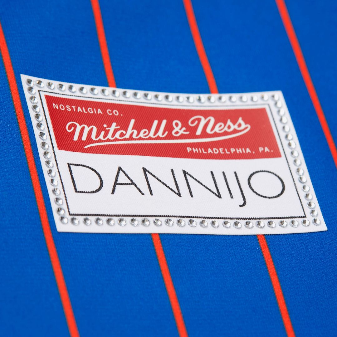 New York Knicks Patrick Ewing Mitchell & Ness x DANNIJO Women's Name & Number Cropped Football Jersey - Blue Team Jersey Sports Fan Apparel