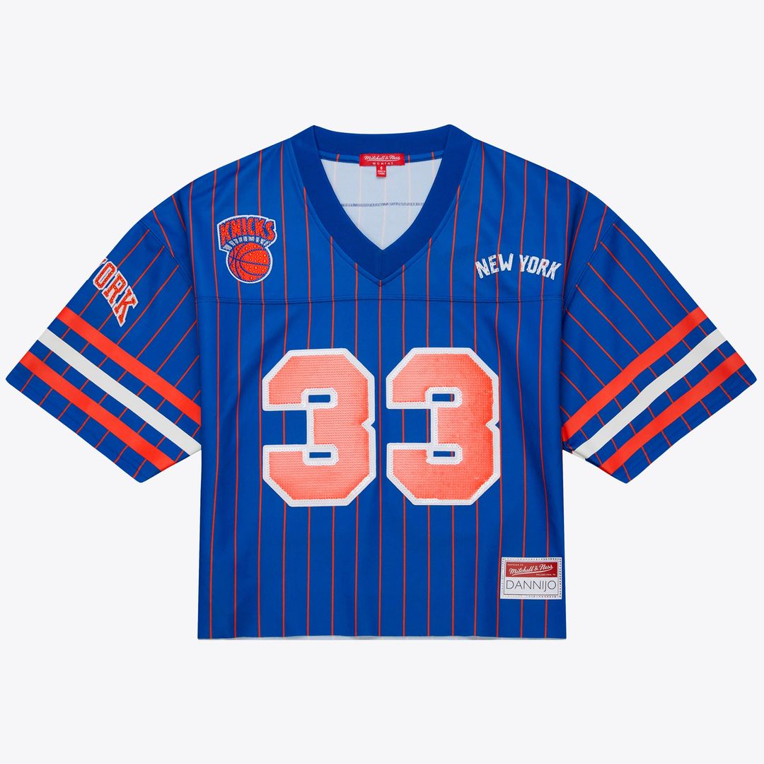 New York Knicks Patrick Ewing Mitchell & Ness x DANNIJO Women's Name & Number Cropped Football Jersey - Blue Team Jersey Sports Fan Apparel