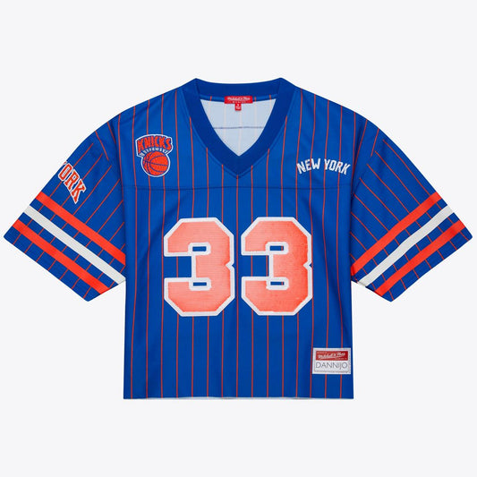 New York Knicks Patrick Ewing Mitchell & Ness x DANNIJO Women's Name & Number Cropped Football Jersey - Blue Team Jersey Sports Fan Apparel