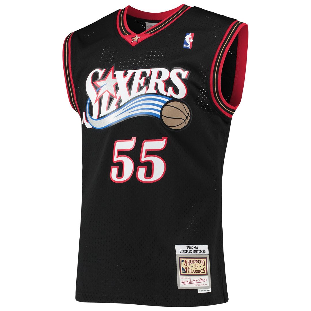 Philadelphia 76ers Dikembe Mutombo Mitchell & Ness Hardwood Classics Swingman Jersey - Black Team Jersey Sports Fan Apparel