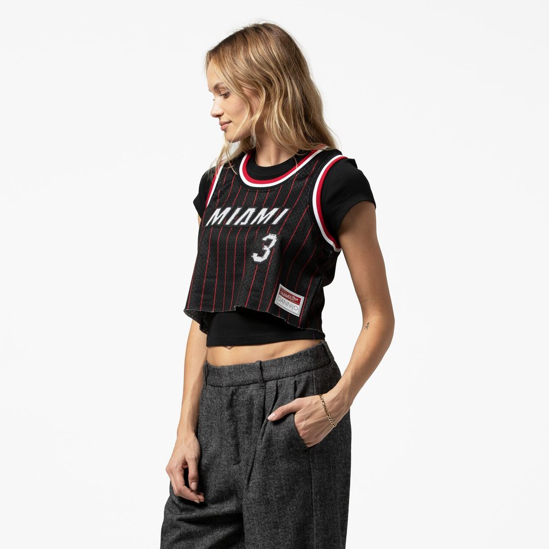Miami Heat Dwyane Wade Mitchell & Ness x DANNIJO Women's Fashion Cropped Basketball Jersey - Black Team Jersey Sports Fan Apparel