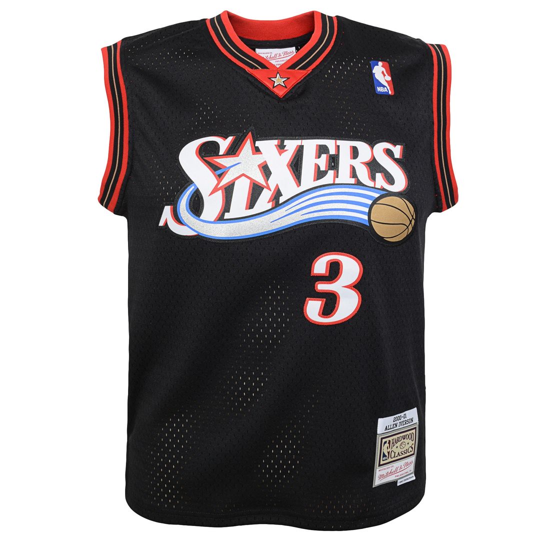 Philadelphia 76ers Allen Iverson Mitchell & Ness Youth 2000 - 01 Swingman Road Jersey - Black Team Jersey Sports Fan Apparel
