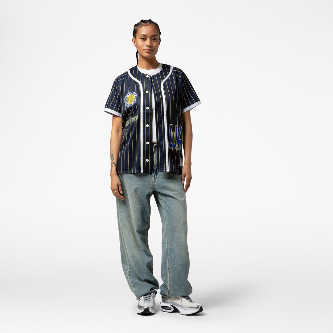 Golden State Warriors Mitchell & Ness x DANNIJO Women's Fashion Baseball Jersey - Blue Team Jersey Sports Fan Apparel