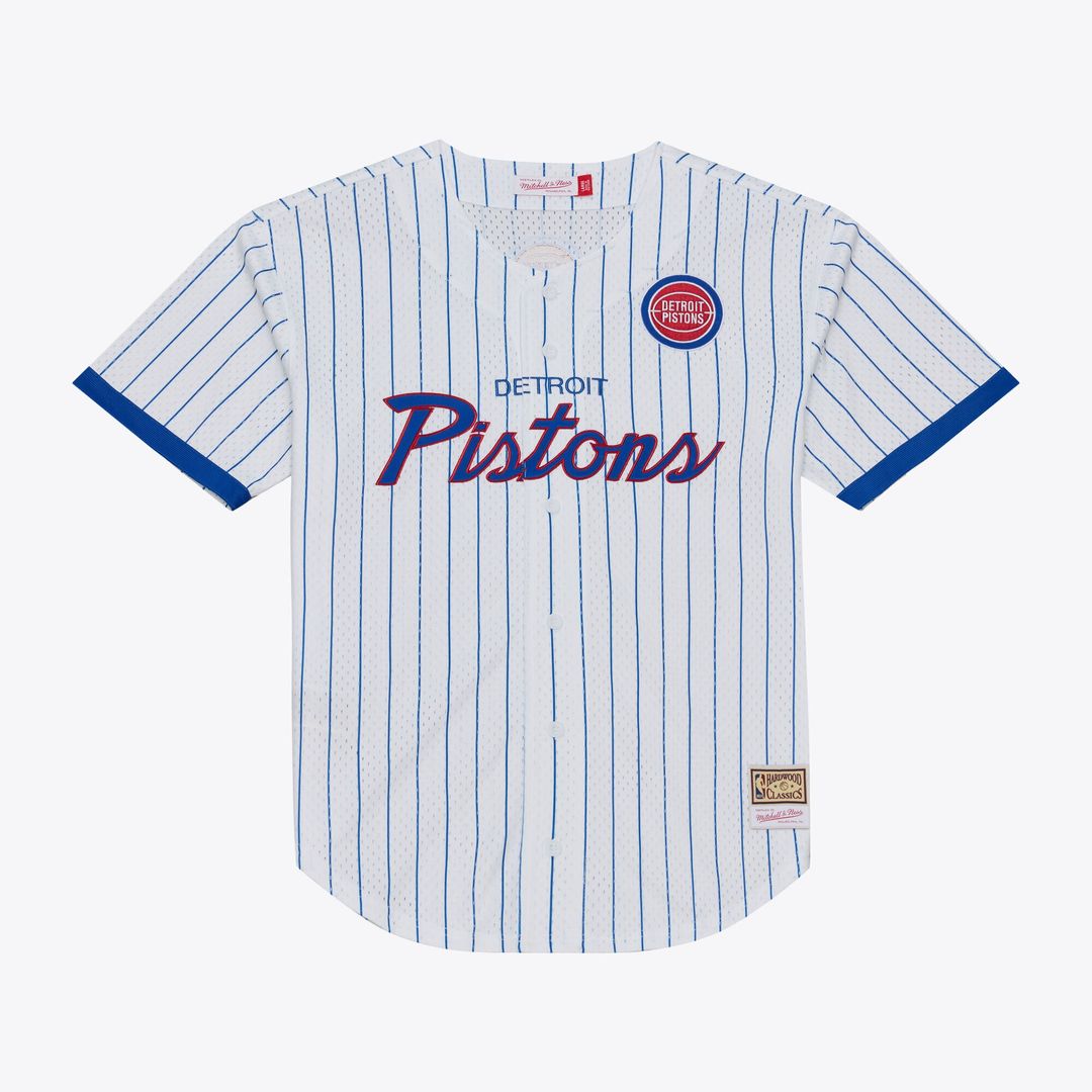 Detroit Pistons Mitchell & Ness Head Coach Pinstripe Mesh Full - Button Baseball Jersey - White Team Jersey Sports Fan Apparel