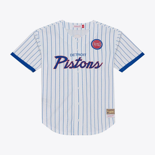 Detroit Pistons Mitchell & Ness Head Coach Pinstripe Mesh Full - Button Baseball Jersey - White Team Jersey Sports Fan Apparel
