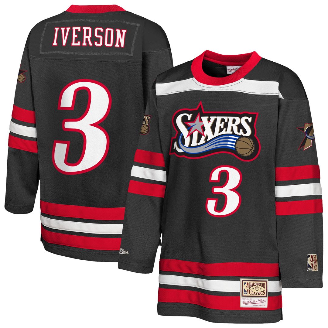 Philadelphia 76ers Allen Iverson Mitchell & Ness Youth Maxxed Out 2.0 Fashion Hockey Jersey - Black Team Jersey Sports Fan Apparel