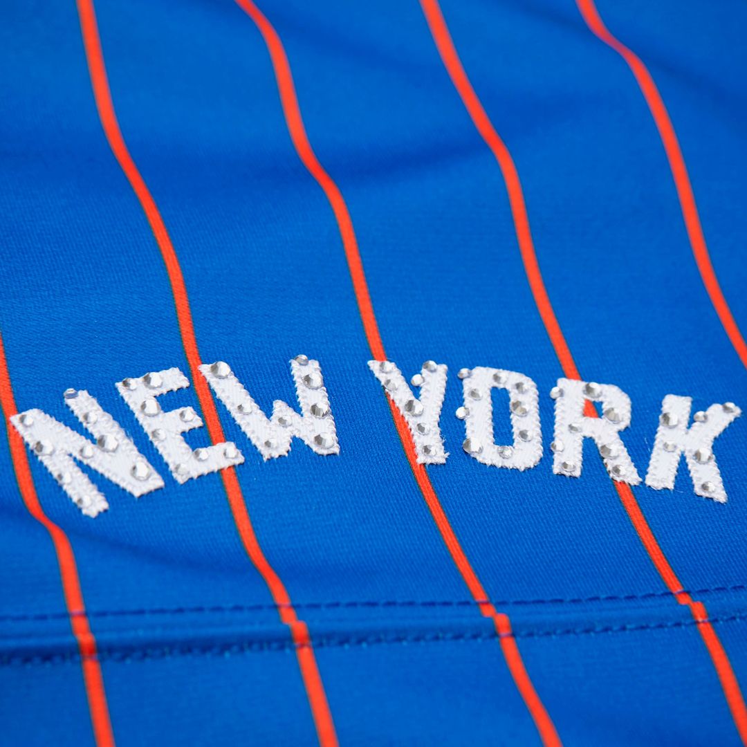 New York Knicks Patrick Ewing Mitchell & Ness x DANNIJO Women's Name & Number Cropped Football Jersey - Blue Team Jersey Sports Fan Apparel