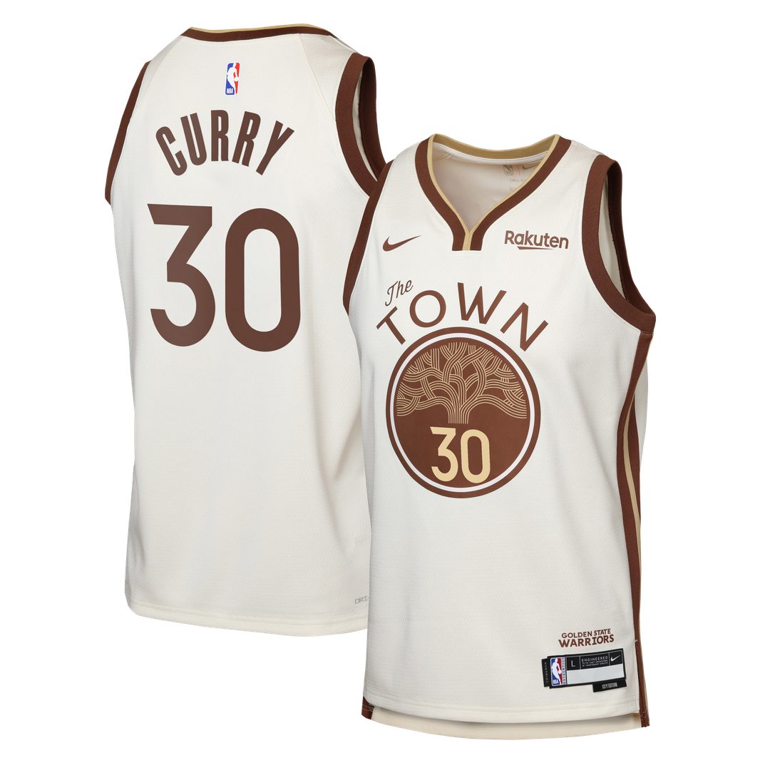 Golden State Warriors Stephen Curry Nike Youth Swingman Finished Badge Player Jersey - City Edition - Tan Team Jersey Sports Fan Apparel