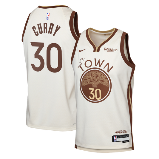 Golden State Warriors Stephen Curry Nike Youth Swingman Finished Badge Player Jersey - City Edition - Tan Team Jersey Sports Fan Apparel