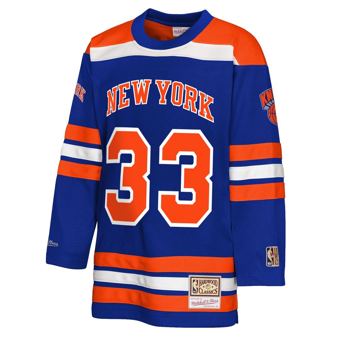 New York Knicks Patrick Ewing Mitchell & Ness Youth Maxxed Out 2.0 Fashion Hockey Jersey - Blue Team Jersey Sports Fan Apparel