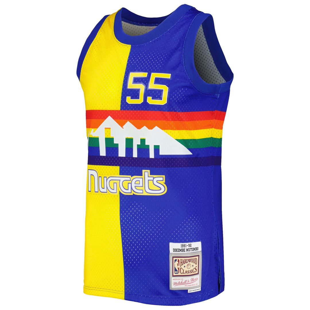 Denver Nuggets Dikembe Mutombo Mitchell & Ness Hardwood Classics 1991/92 Split Swingman Jersey - Royal/Gold Team Jersey Sports Fan Apparel