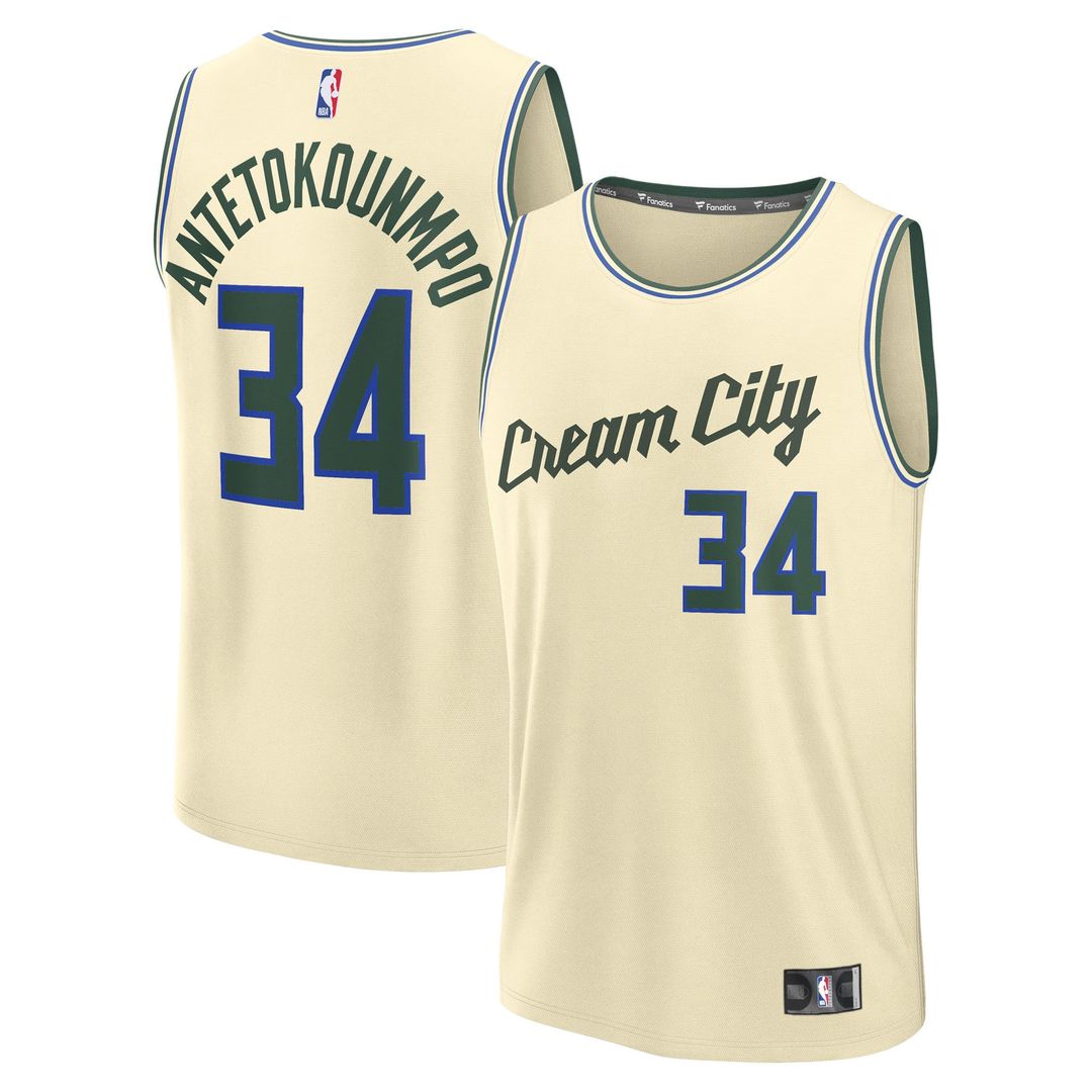 Milwaukee Bucks Giannis Antetokounmpo Fanatics Youth 2025/26 City Edition Fast Break Jersey - Cream Team Jersey Sports Fan Apparel