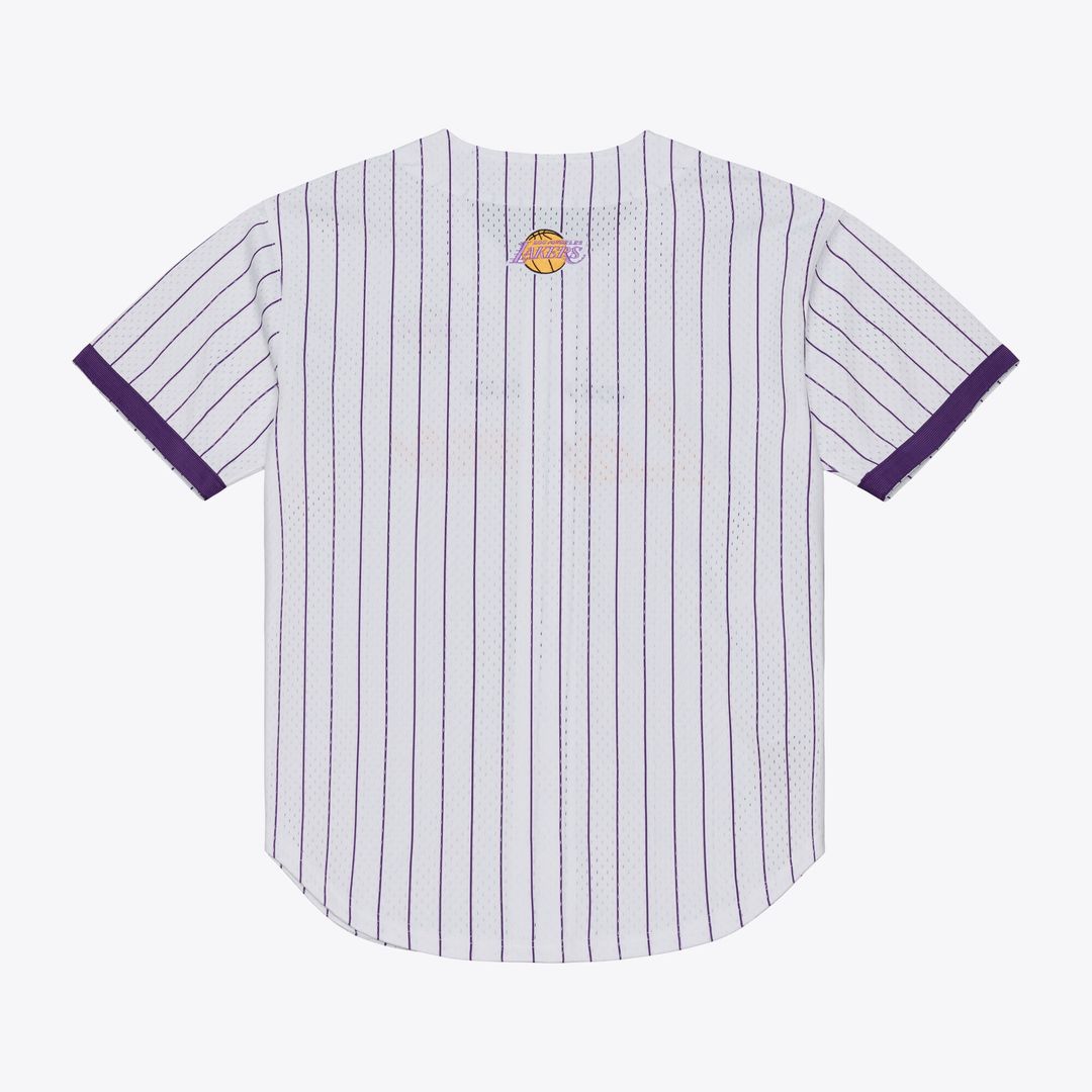 Los Angeles Lakers Mitchell & Ness Head Coach Pinstripe Mesh Full - Button Baseball Jersey - White Team Jersey Sports Fan Apparel