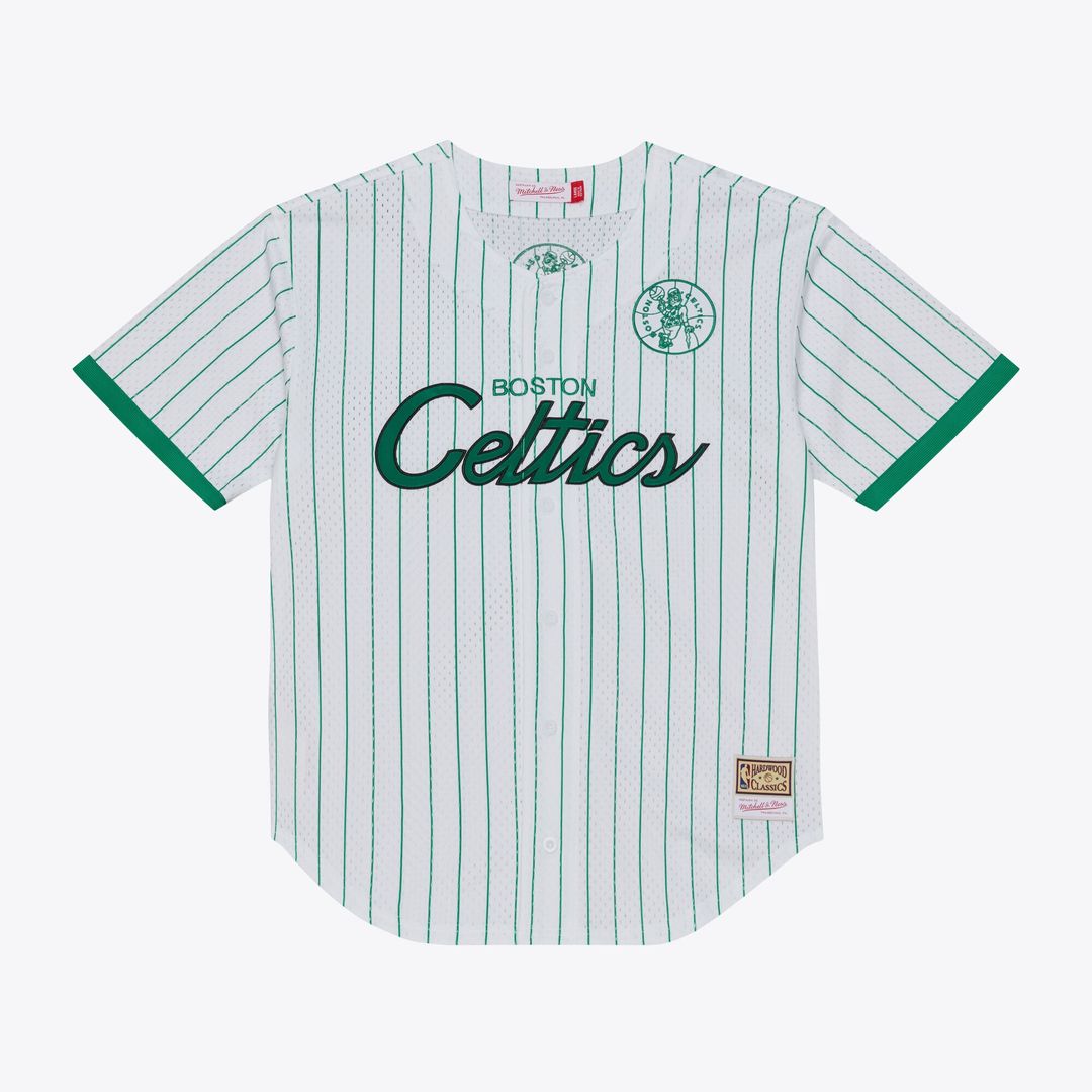 Boston Celtics Mitchell & Ness Head Coach Pinstripe Mesh Full - Button Baseball Jersey - White Team Jersey Sports Fan Apparel