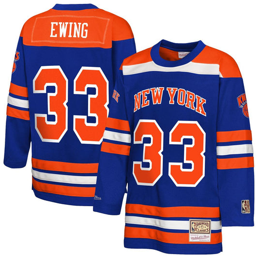 New York Knicks Patrick Ewing Mitchell & Ness Youth Maxxed Out 2.0 Fashion Hockey Jersey - Blue Team Jersey Sports Fan Apparel