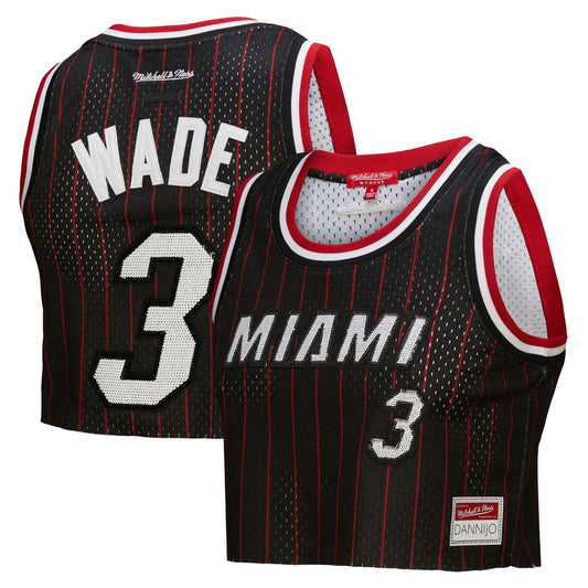 Miami Heat Dwyane Wade Mitchell & Ness x DANNIJO Women's Fashion Cropped Basketball Jersey - Black Team Jersey Sports Fan Apparel