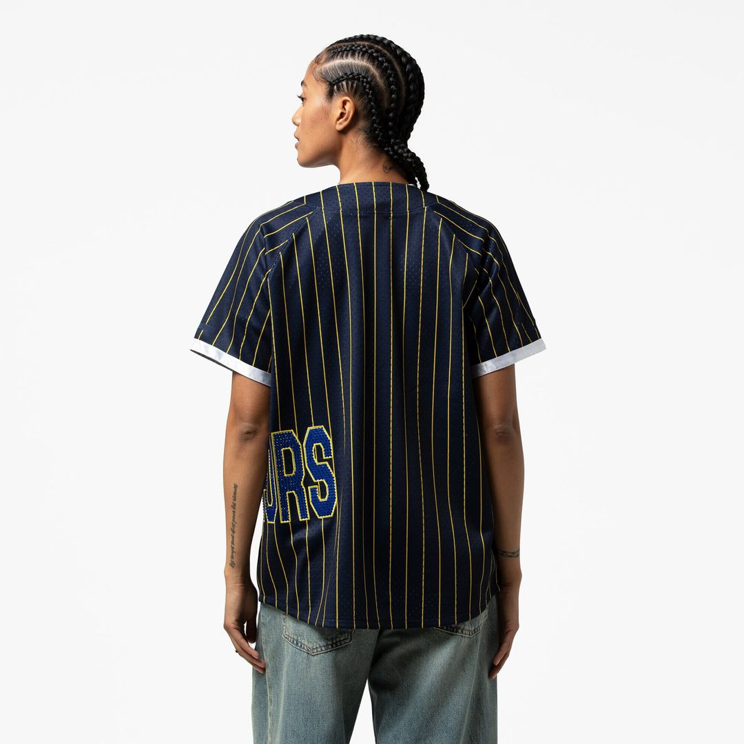 Golden State Warriors Mitchell & Ness x DANNIJO Women's Fashion Baseball Jersey - Blue Team Jersey Sports Fan Apparel