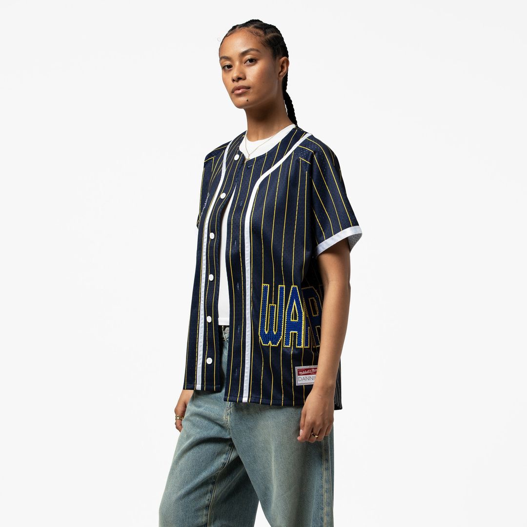 Golden State Warriors Mitchell & Ness x DANNIJO Women's Fashion Baseball Jersey - Blue Team Jersey Sports Fan Apparel