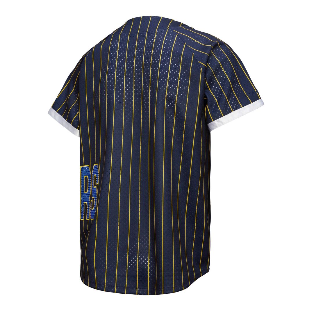 Golden State Warriors Mitchell & Ness x DANNIJO Women's Fashion Baseball Jersey - Blue Team Jersey Sports Fan Apparel