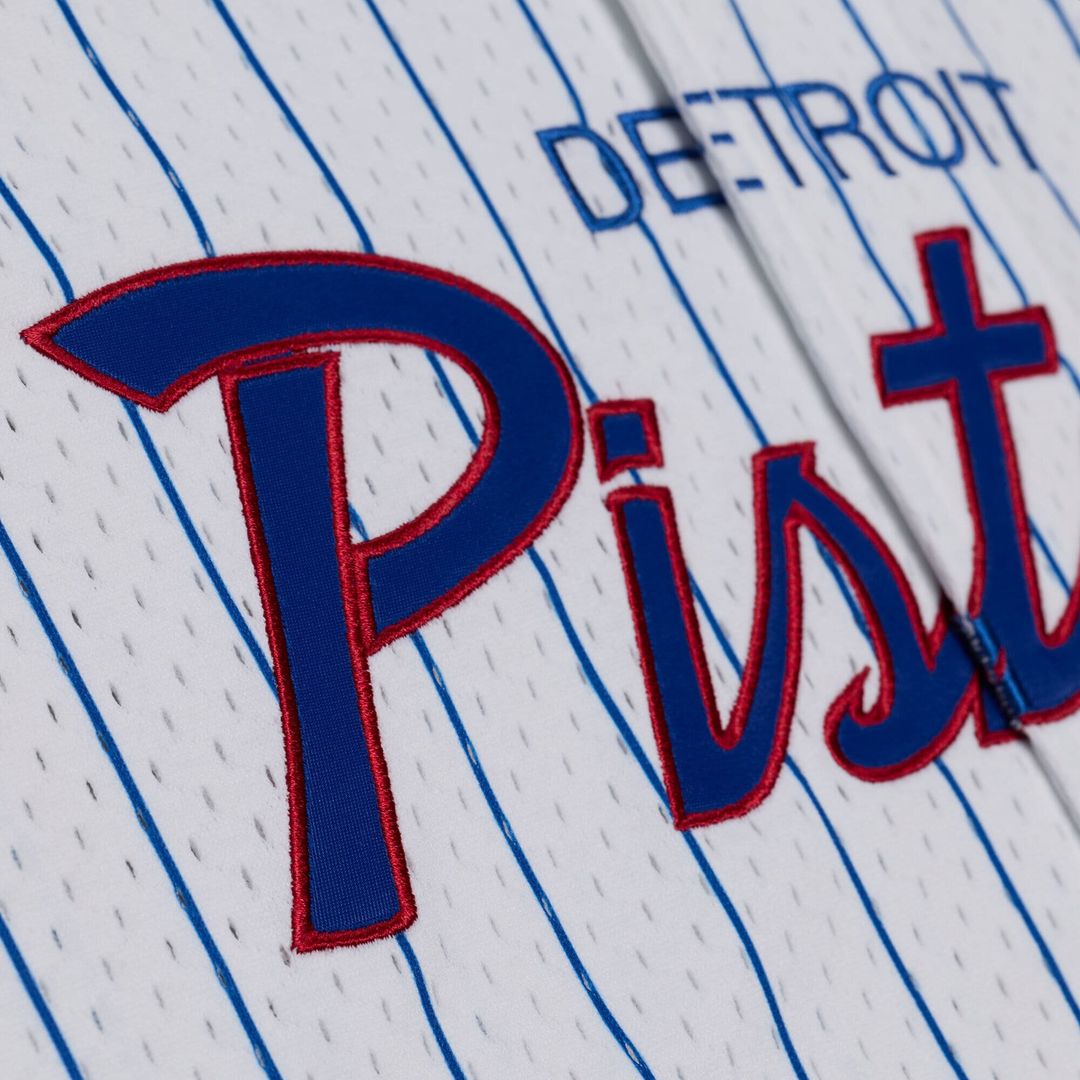 Detroit Pistons Mitchell & Ness Head Coach Pinstripe Mesh Full - Button Baseball Jersey - White Team Jersey Sports Fan Apparel