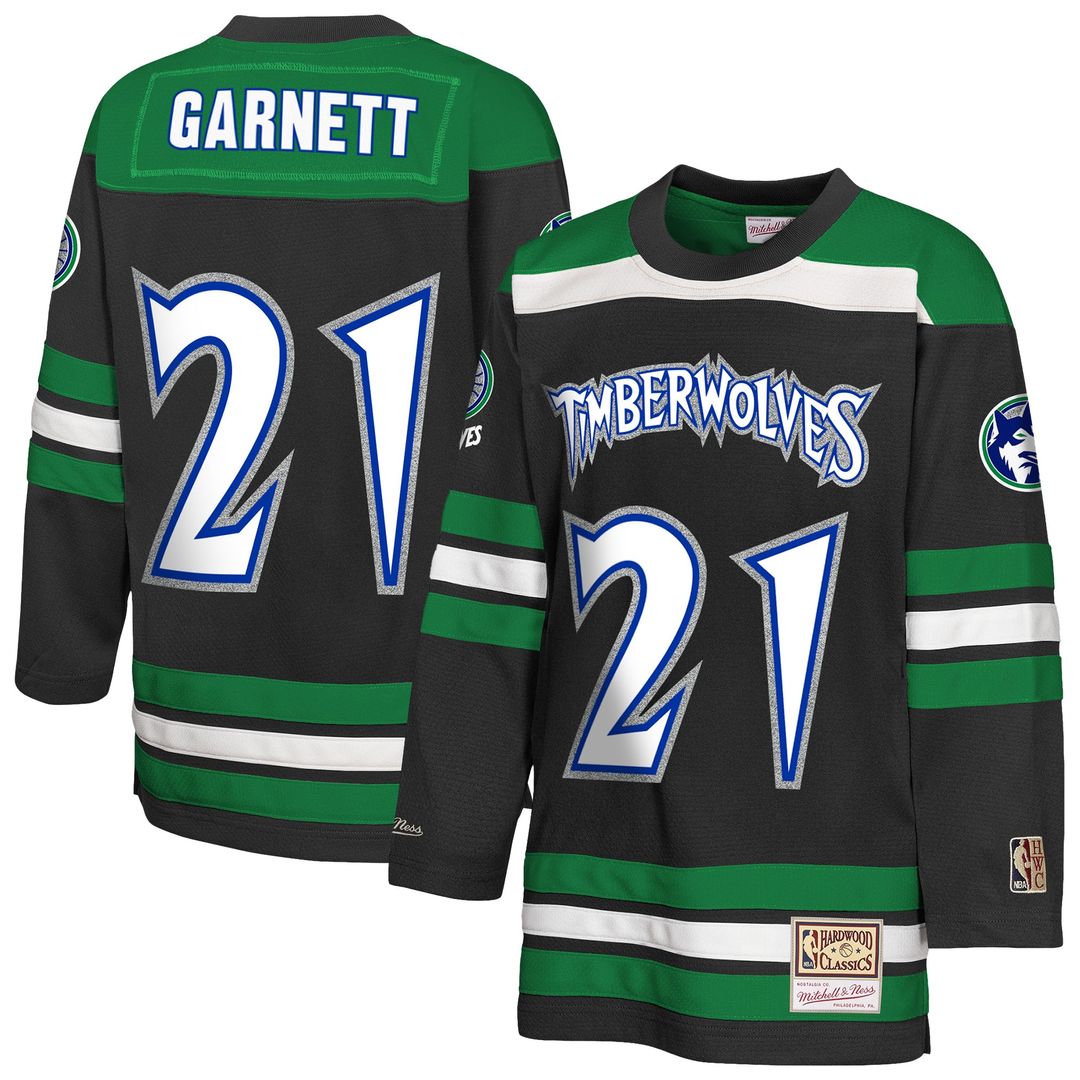 Minnesota Timberwolves Kevin Garnett Mitchell & Ness Youth Maxxed Out 2.0 Fashion Hockey Jersey - Black Team Jersey Sports Fan Apparel