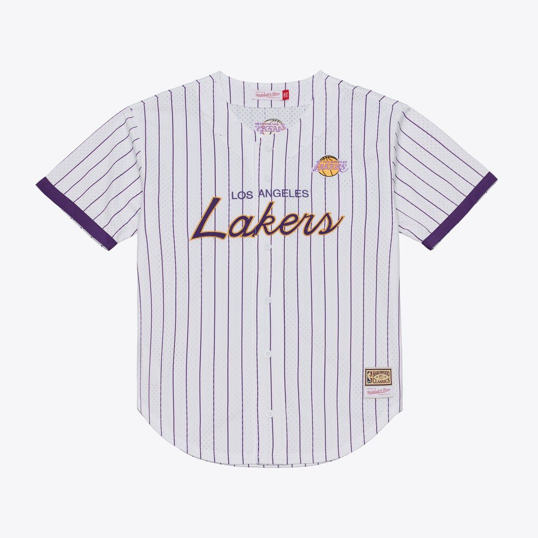 Los Angeles Lakers Mitchell & Ness Head Coach Pinstripe Mesh Full - Button Baseball Jersey - White Team Jersey Sports Fan Apparel