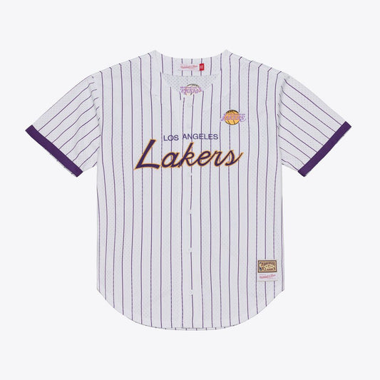 Los Angeles Lakers Mitchell & Ness Head Coach Pinstripe Mesh Full - Button Baseball Jersey - White Team Jersey Sports Fan Apparel