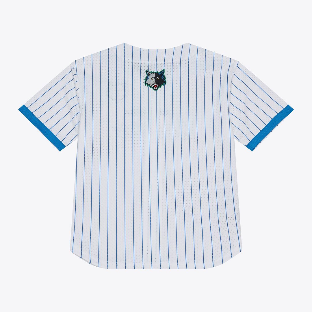 Minnesota Timberwolves Mitchell & Ness Head Coach Pinstripe Mesh Full - Button Baseball Jersey - White Team Jersey Sports Fan Apparel