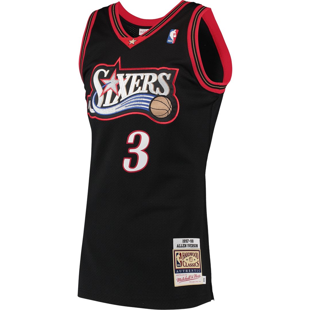Philadelphia 76ers Allen Iverson Mitchell & Ness 1997/98 Hardwood Classics Authentic Jersey - Black Team Jersey Sports Fan Apparel
