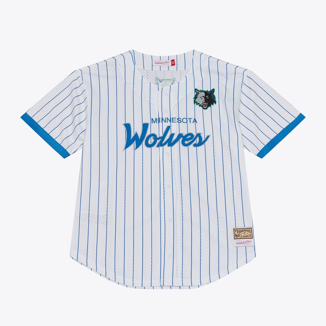 Minnesota Timberwolves Mitchell & Ness Head Coach Pinstripe Mesh Full - Button Baseball Jersey - White Team Jersey Sports Fan Apparel