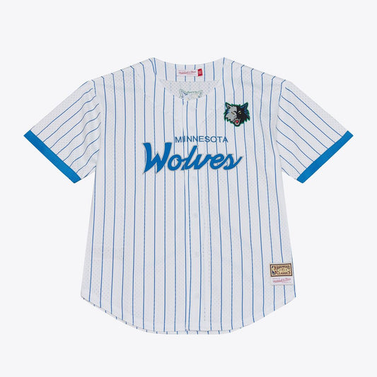 Minnesota Timberwolves Mitchell & Ness Head Coach Pinstripe Mesh Full - Button Baseball Jersey - White Team Jersey Sports Fan Apparel