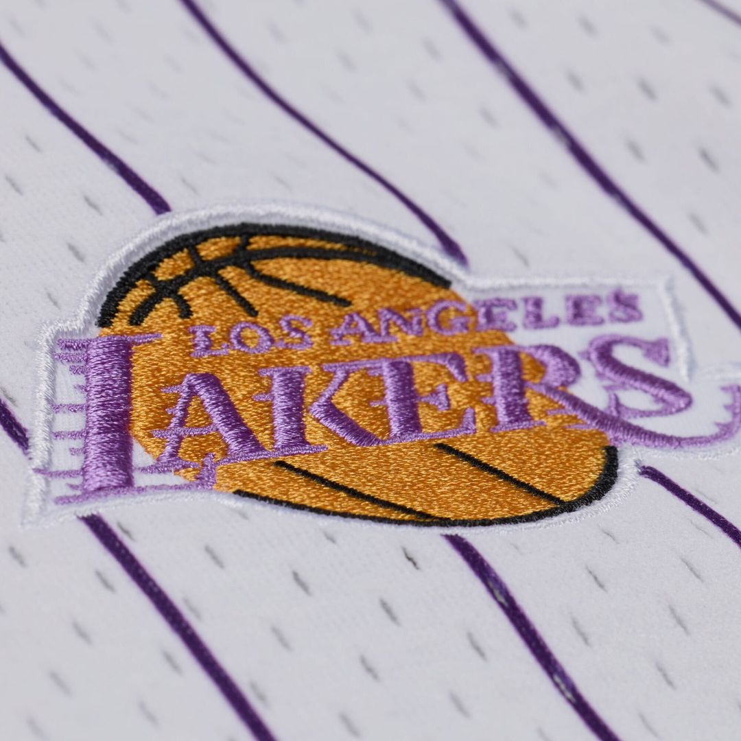 Los Angeles Lakers Mitchell & Ness Head Coach Pinstripe Mesh Full - Button Baseball Jersey - White Team Jersey Sports Fan Apparel