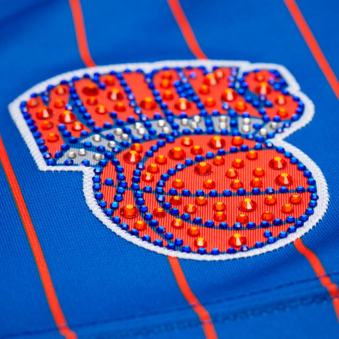 New York Knicks Patrick Ewing Mitchell & Ness x DANNIJO Women's Name & Number Cropped Football Jersey - Blue Team Jersey Sports Fan Apparel