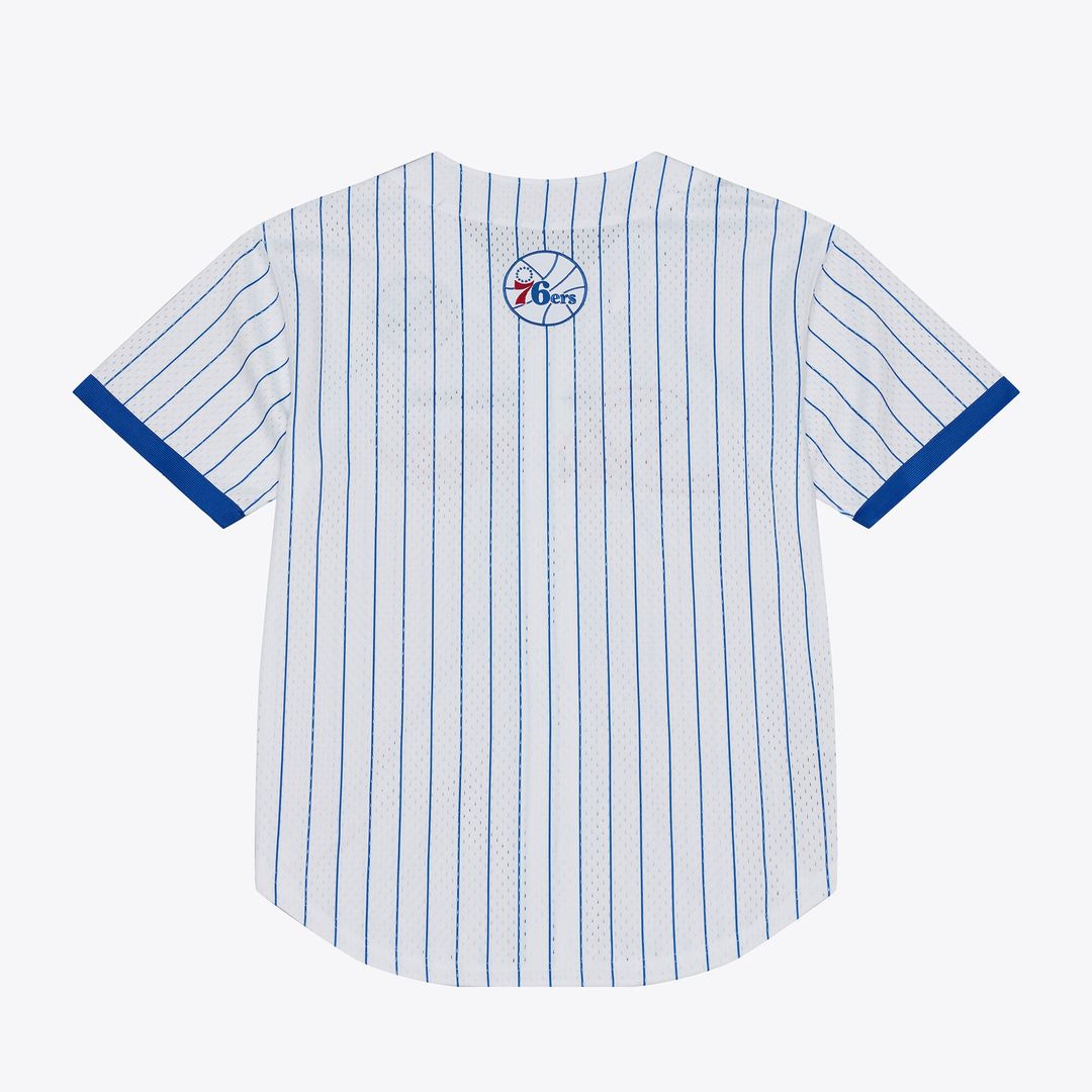 Philadelphia 76ers Mitchell & Ness Head Coach Pinstripe Mesh Full - Button Baseball Jersey - White Team Jersey Sports Fan Apparel