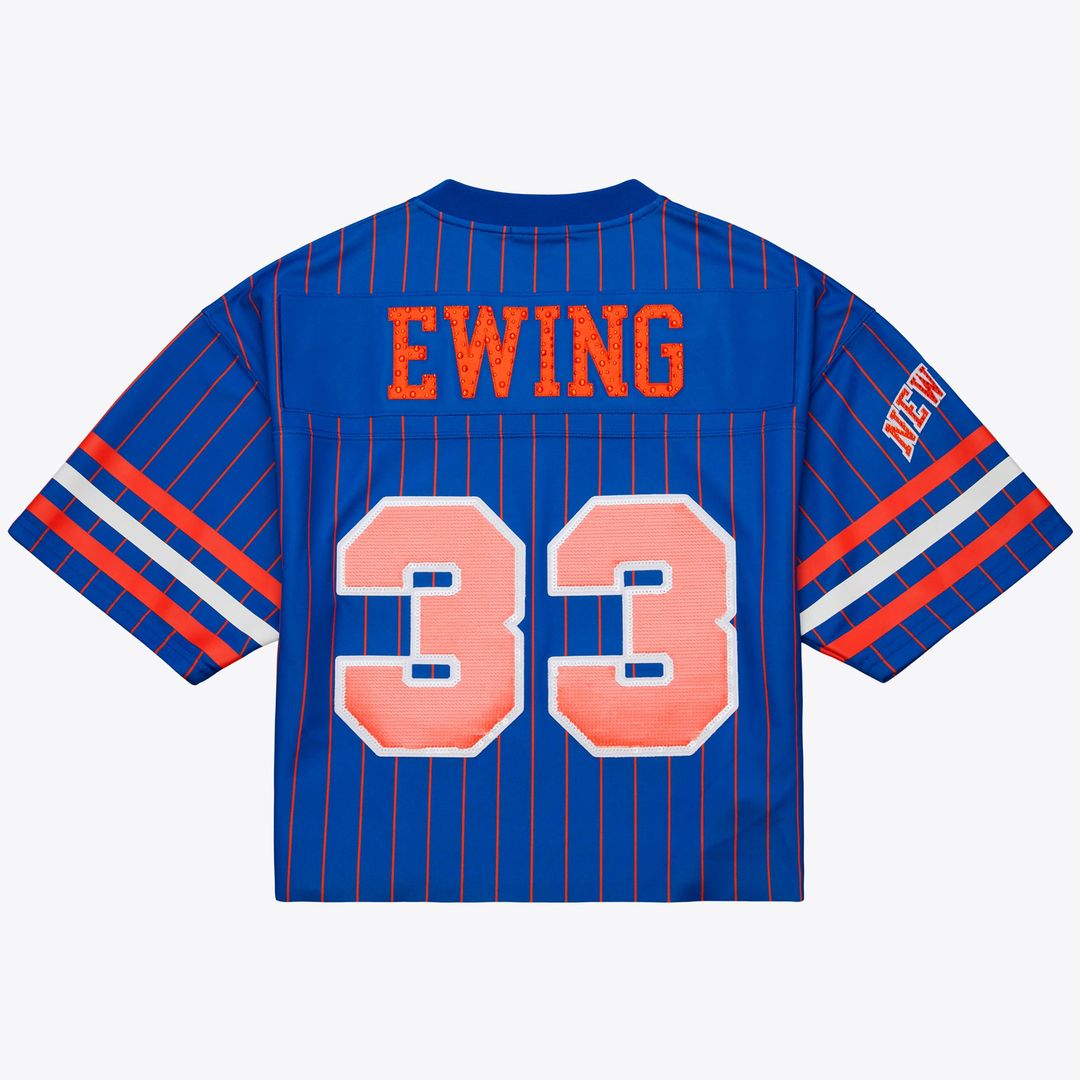 New York Knicks Patrick Ewing Mitchell & Ness x DANNIJO Women's Name & Number Cropped Football Jersey - Blue Team Jersey Sports Fan Apparel