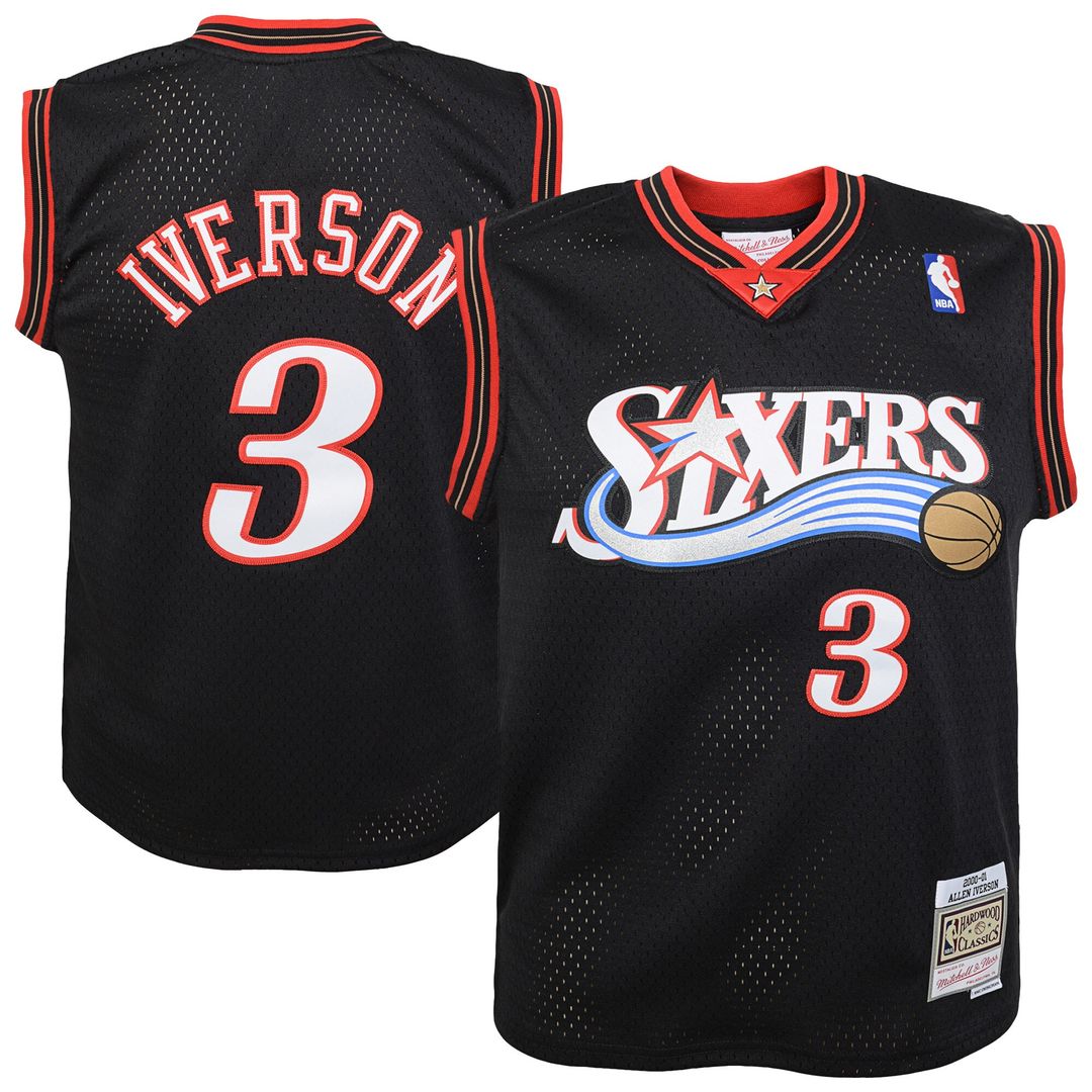 Philadelphia 76ers Allen Iverson Mitchell & Ness Youth 2000 - 01 Swingman Road Jersey - Black Team Jersey Sports Fan Apparel