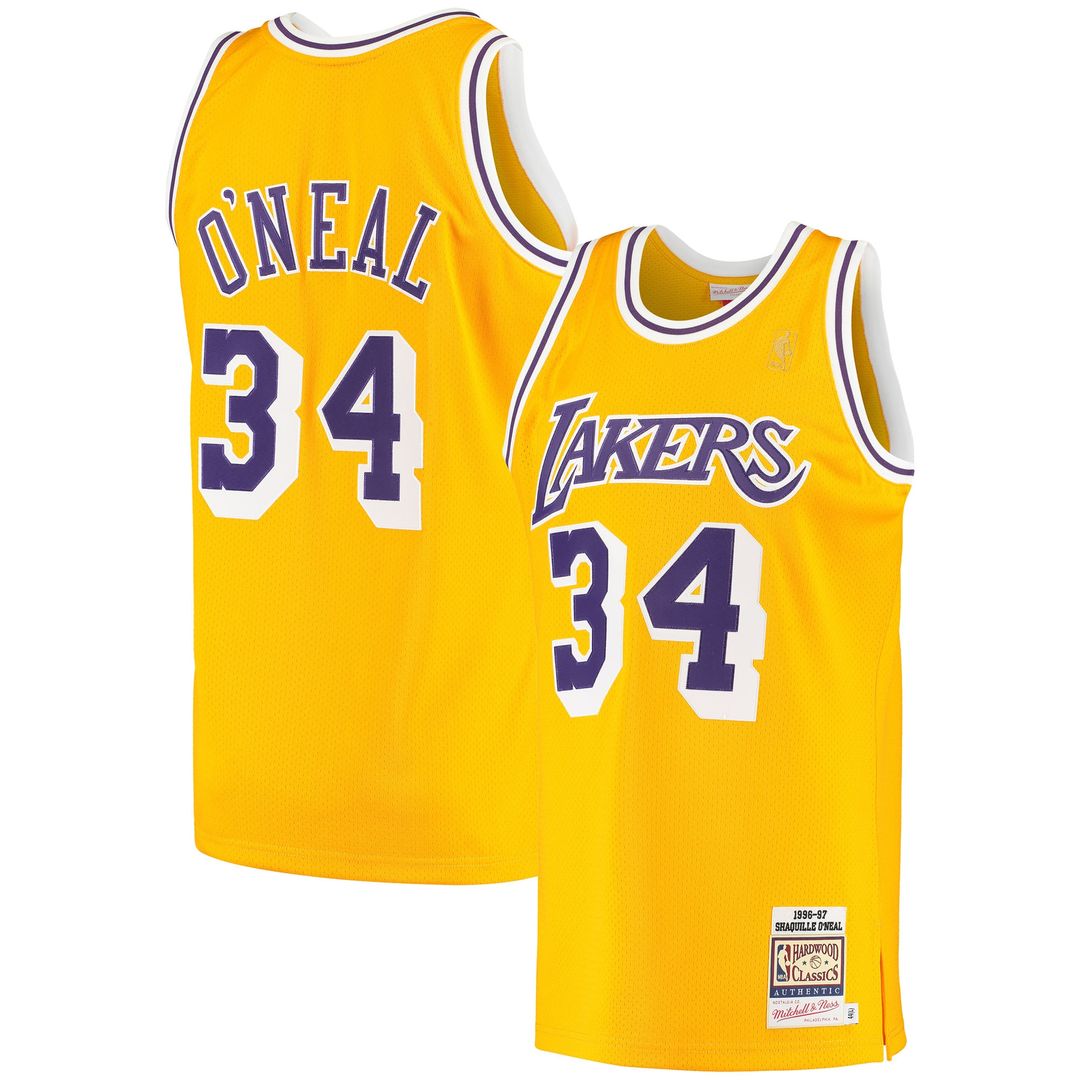 Los Angeles Lakers Shaquille O'Neal Mitchell & Ness 1996/97 Hardwood Classics Authentic Jersey - Gold Team Jersey Sports Fan Apparel