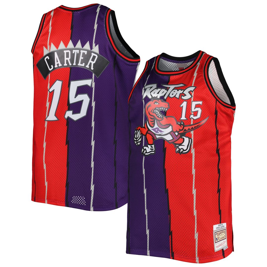 Toronto Raptors Vince Carter Mitchell & Ness Big & Tall Hardwood Classics 1998/99 Split Swingman Jersey - Purple/Red Team Jersey Sports Fan Apparel